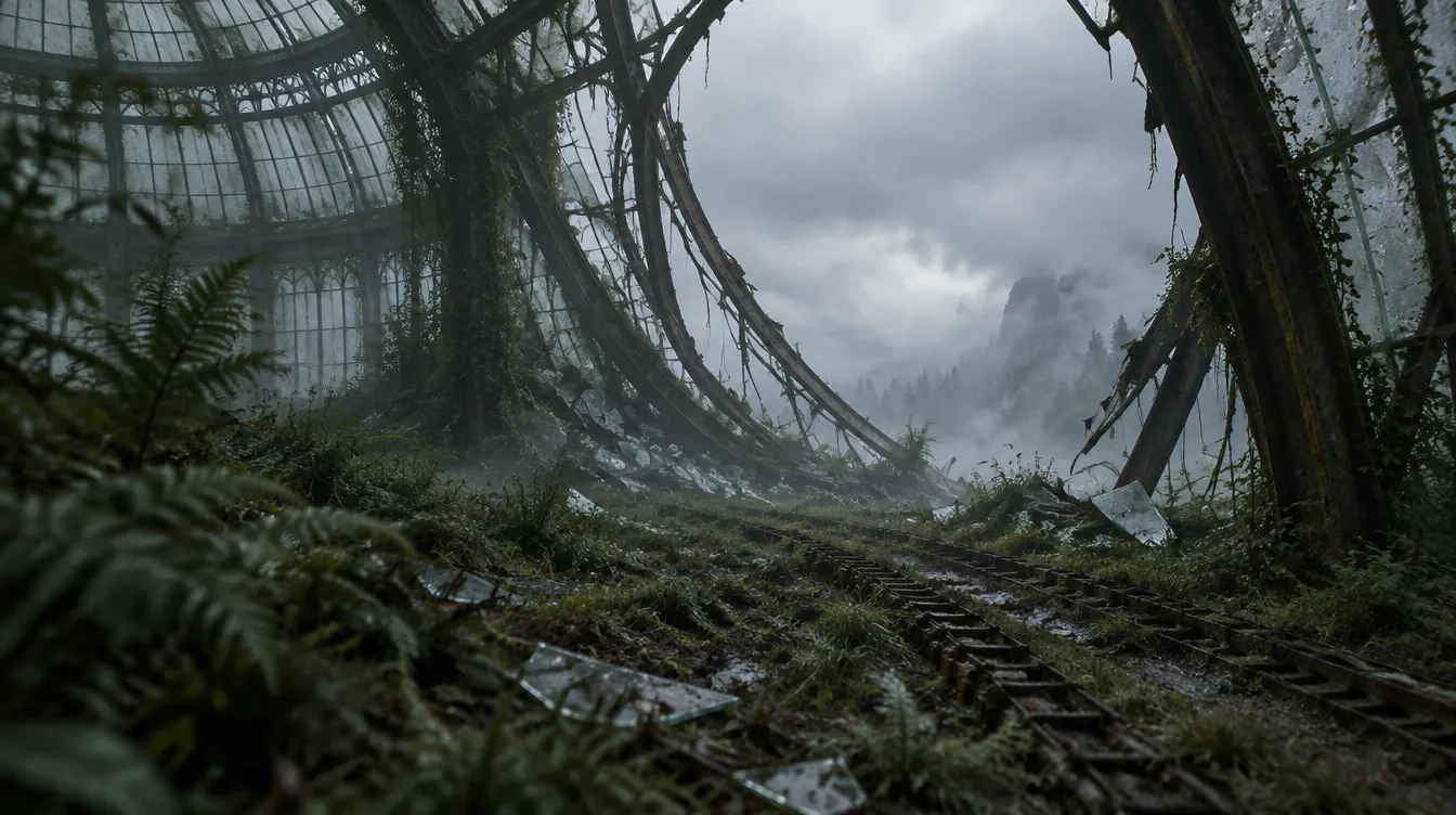 Broken Pane: rusuk besi kubah melengkung ke tanah, kaca runtuh di atas pakis, kabut masuk dari celah.