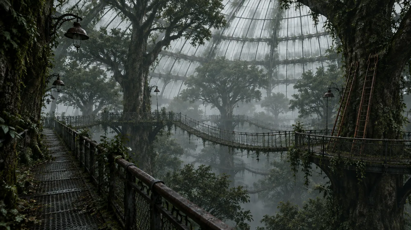 Canopy: titian besi dan jembatan tali di antara pucuk pohon, tepat di bawah kaca kubah berembun.